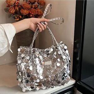 Silver Sequins Shoulder Tote Bag